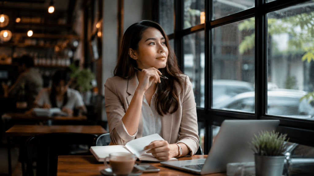 Cinematic lifestyle photo of a businesswoman created by an AI image generator.