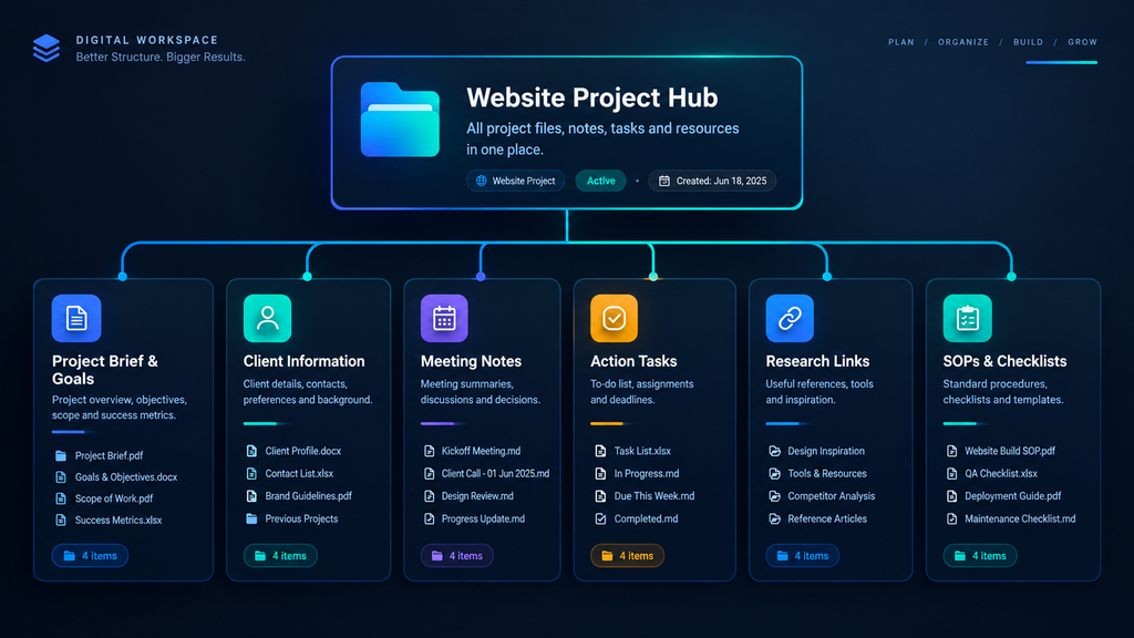 Notion website project hub folder hierarchy diagram